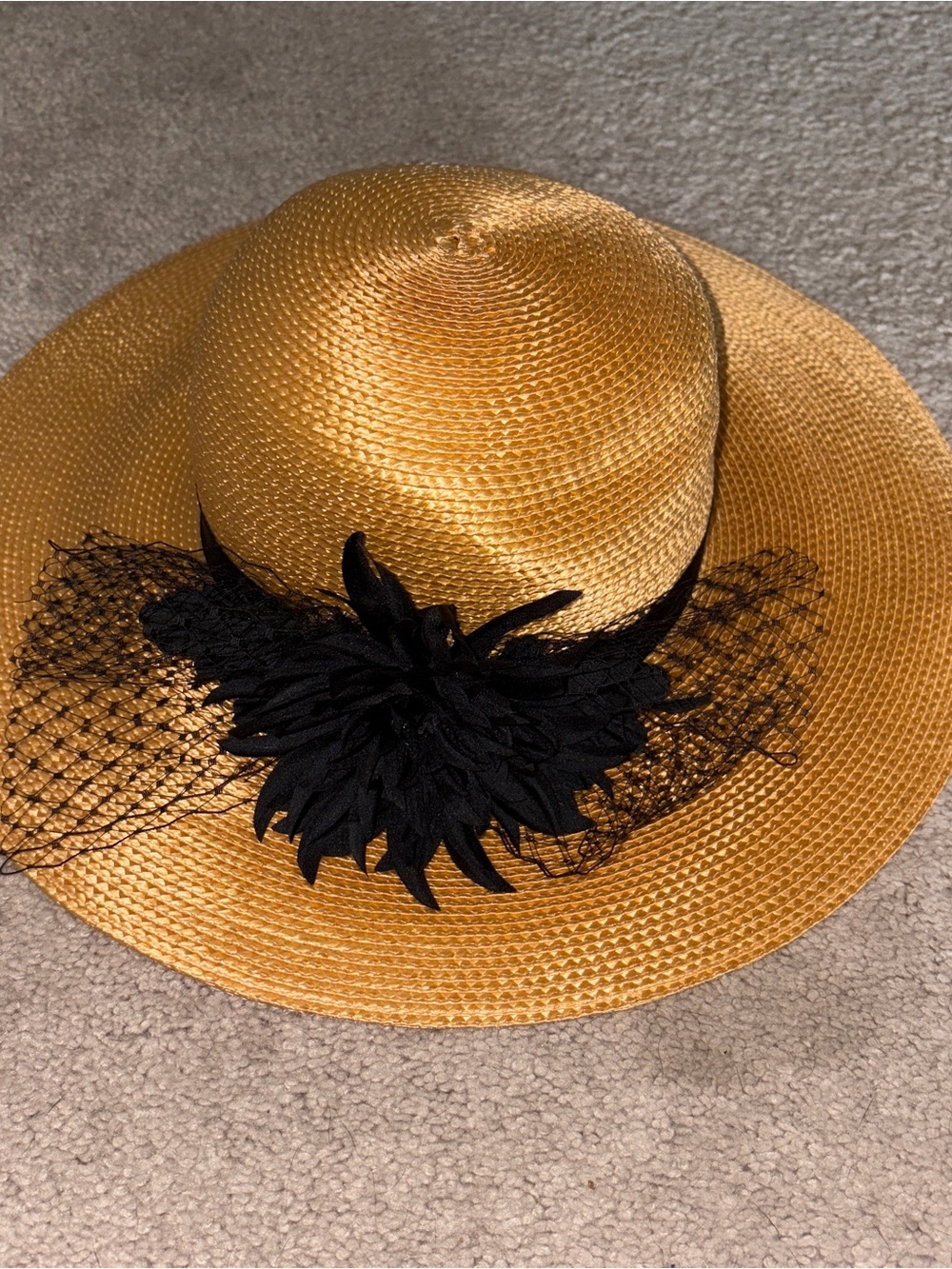Women's Wide Brim Straw Hat with Black Floral Accent